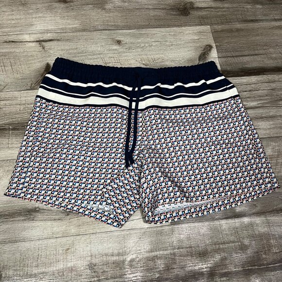 Vince Border Print Silk Drawstring Pull-On Shorts Coastal Blue Women’s Size M - Picture 1 of 8